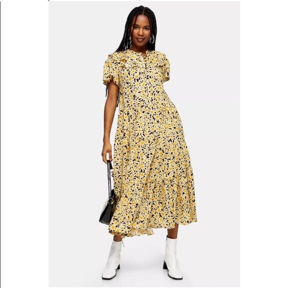 NEW TOPSHOP Yellow Daisy Grandad Midi Shirt Dress Floral Yellow Dress Size 2 - Picture 1 of 12